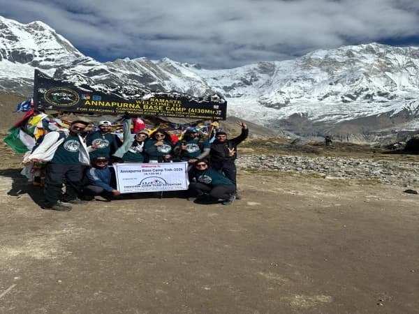 Group of trekkers at Annapurna Base Camp 4130m with Trekking Guide Team Adventure
